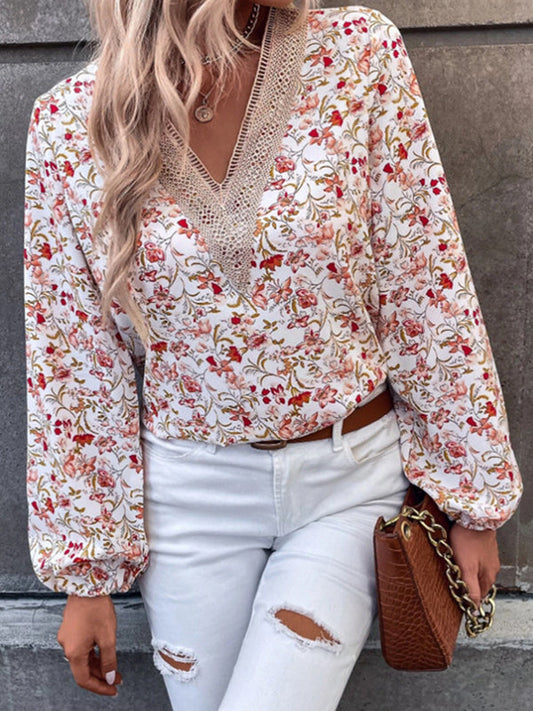 Long Sleeves Loose Elasticity Flower Print Split-Joint V-Neck Blouses&Shirts Tops