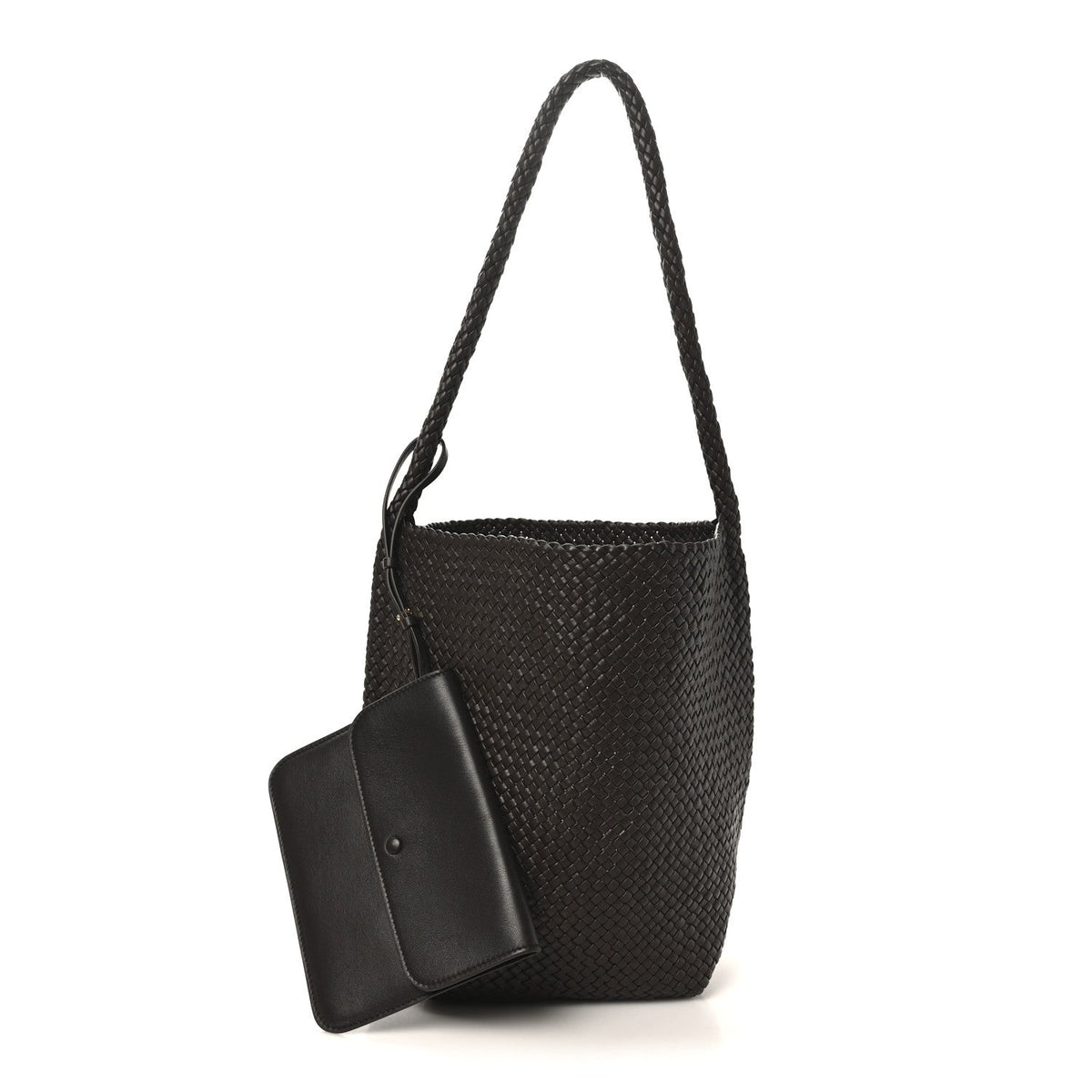 Woven Calfskin Medium N/S Tote Bag Dark Brown