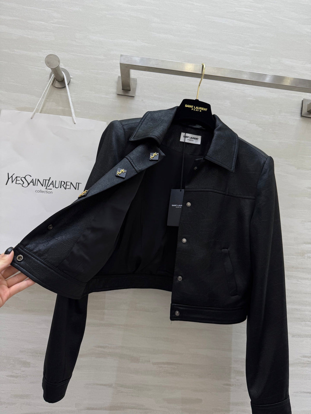 YSL 25 Short Jacket Black Acetic Acid Cracked Fabric