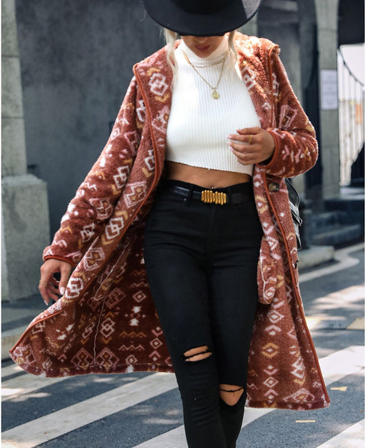 Women'S Hooded Long Sleeve Geometric Print Single Breasted Plush Regular Plush Jacket