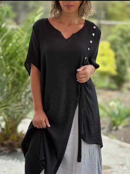 Stylish V-Neck Short Sleeve Fake Two Asymmetric Dresses