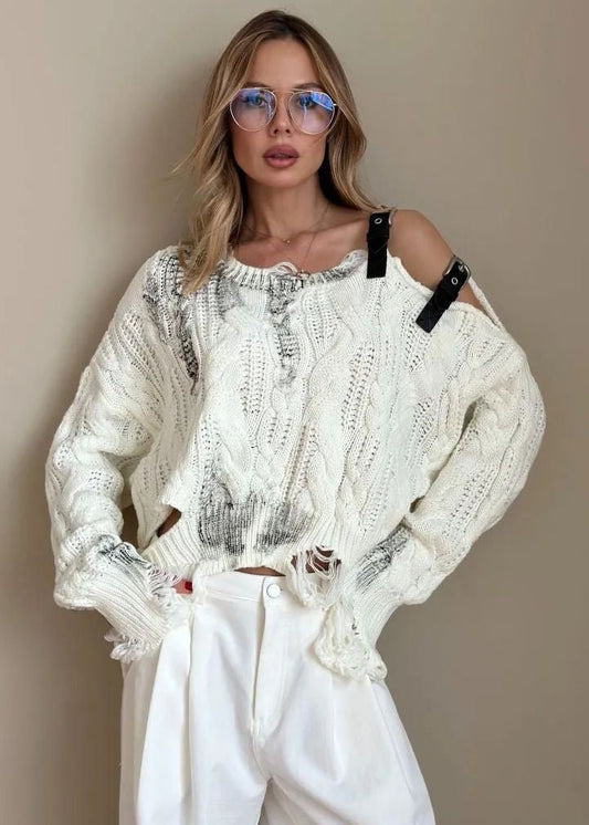 Asymmetrical Cable Knit Sweater With Buckle Details