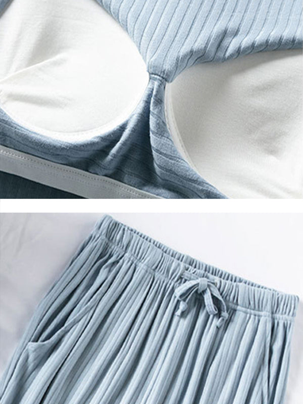 Solid Color Short Sleeve T-Shirts&Cropped Pants Pajamas Sets