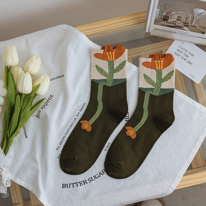 Rufia - Floral Lace Trim Mid-Calf Socks