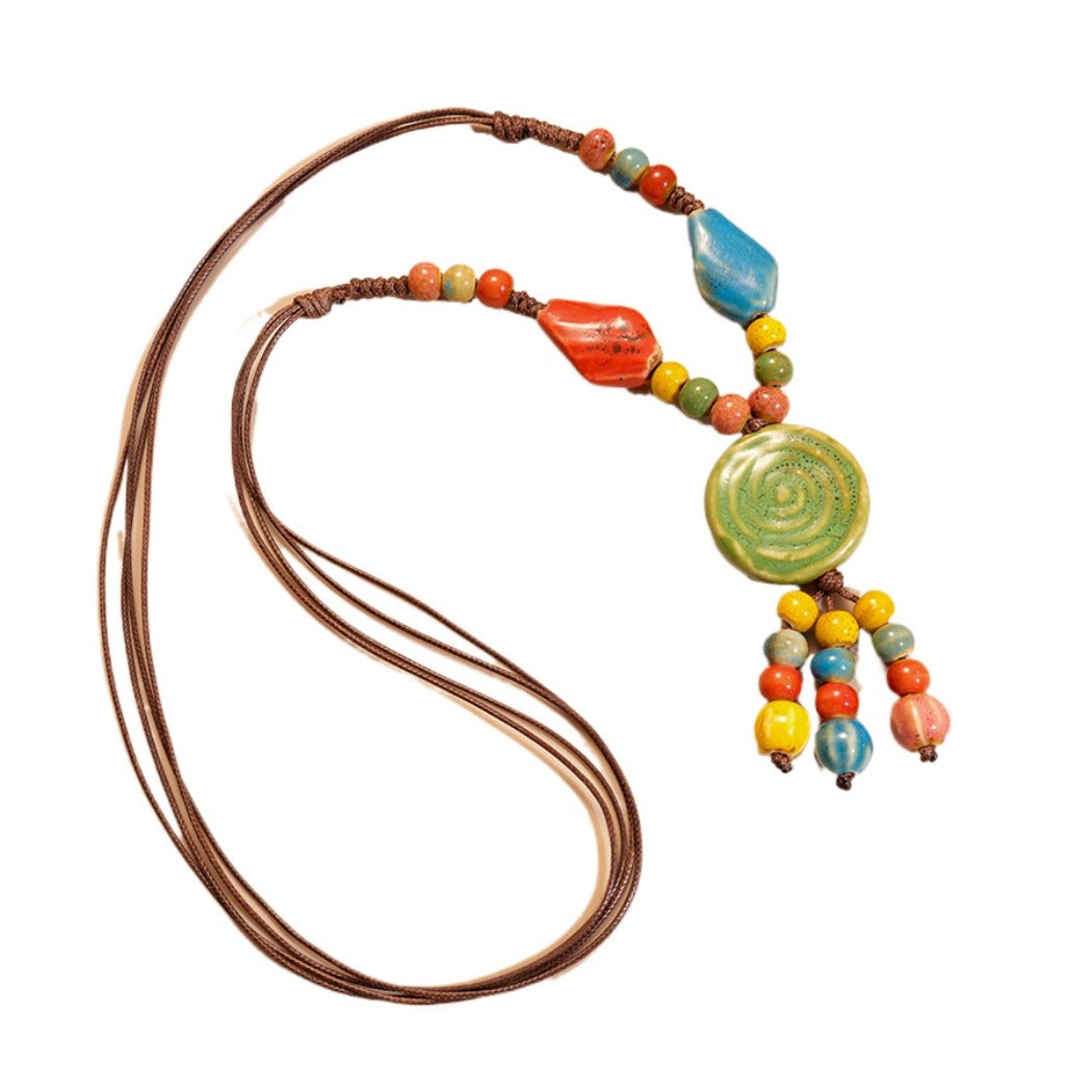 Bauai - Boho Ceramic Bead Fringe Long Necklace - Vintage &amp; Unique