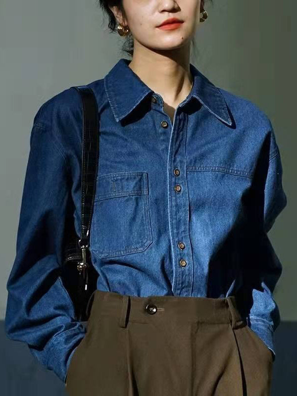 Long Sleeves Loose Split-Joint Lapel Blouses