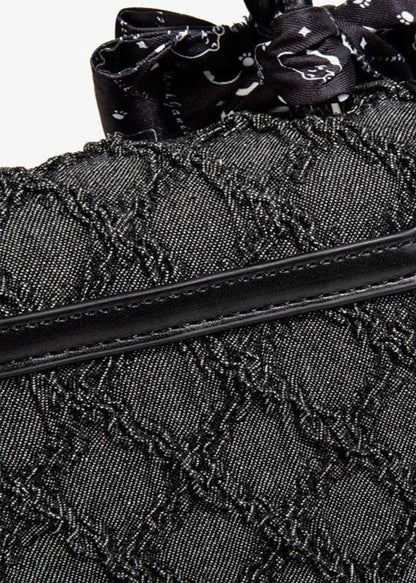 Textured Faux Leather Mini Handbag With Printed Bow