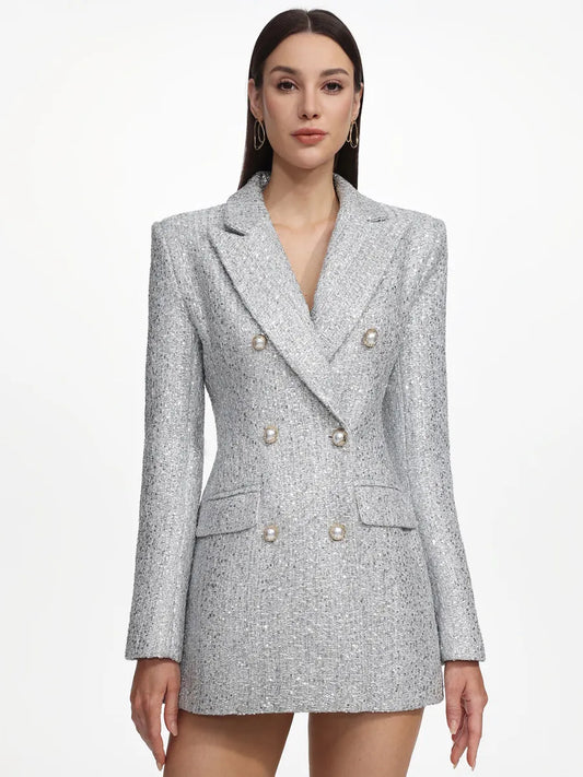 Kaia Glamorous Tailored Long Sleeve Tweed Gray Blazer Dress