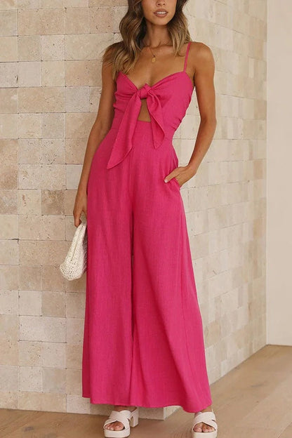 Vrinda Pocketed Adjustable Tie Smocked Back Jumpsuit