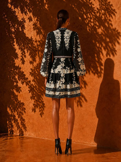 Clarissa Printed Court-Style V-Neck Mini Dress with Lantern Sleeves