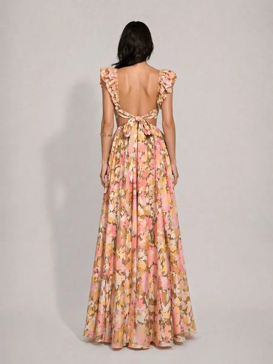 Marina Printed V-Neck Ruffled Cutout Sleeveless Maxi Dress