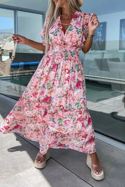 Sweet Vacation Floral V Neck Waist Skirt Dresses