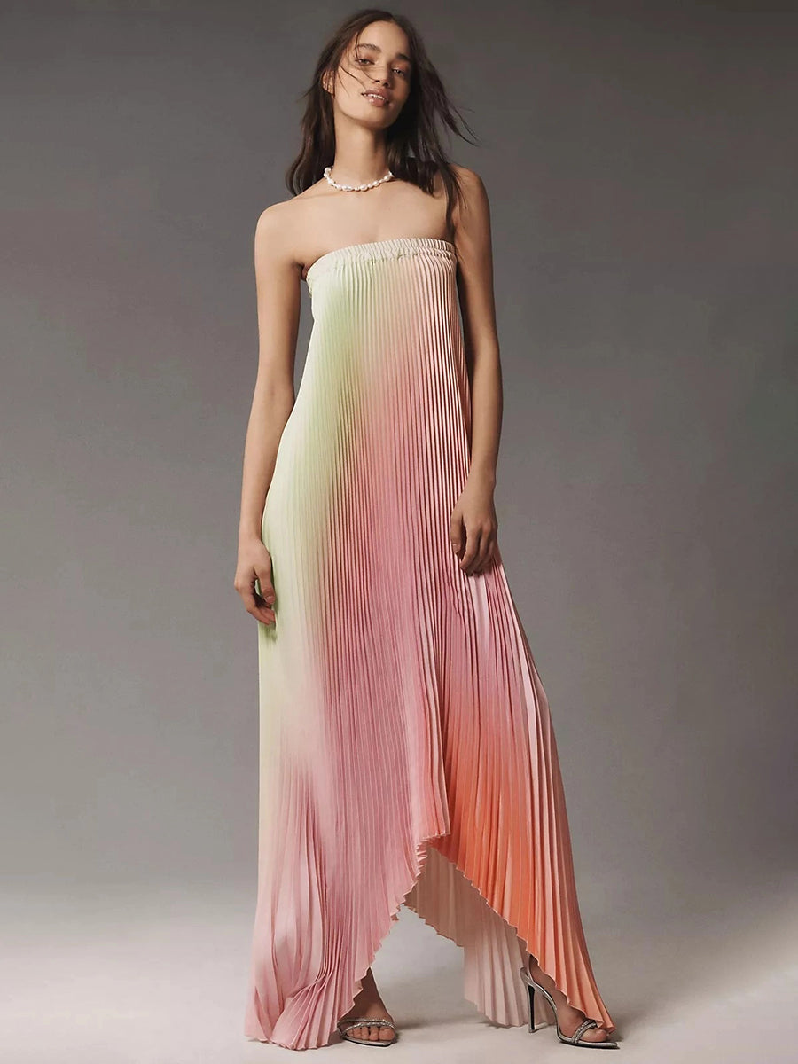 Luna Pleated Strapless Asymmetrical Maxi Dress
