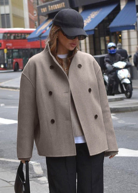 Double Breasted Woolen Coat Taupe Tailored Style