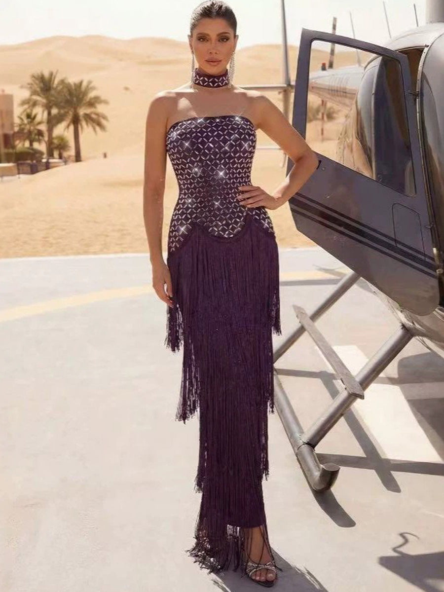 Antonella Sleeveless Rhinestone and Fringe Maxi Dress