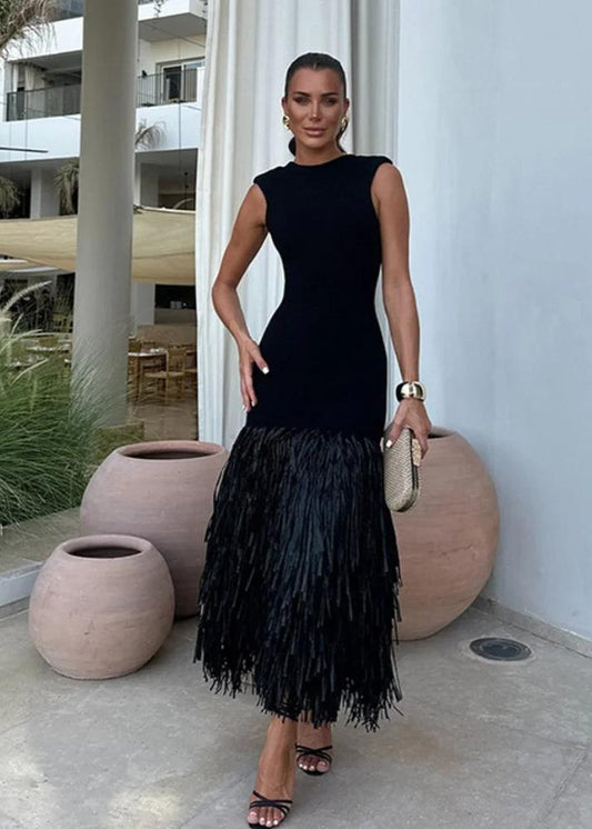 Fringe Knit Midi Dress Black Sleeveless