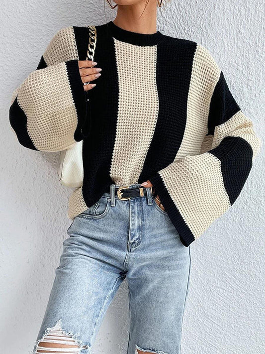 Flared Sleeves Long Sleeves Contrast Color Round-Neck Knitwear Pullovers Sweater Tops
