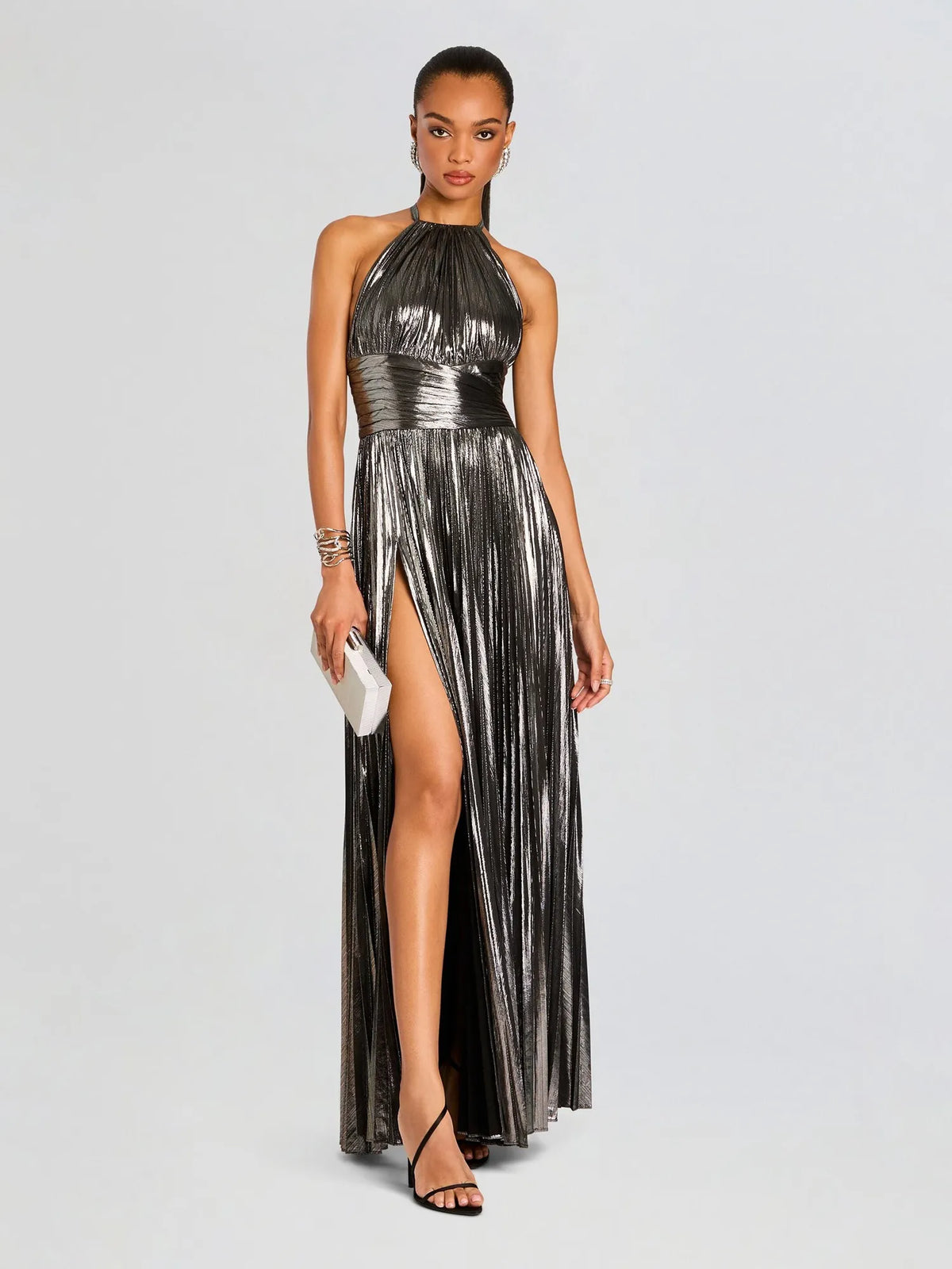 Amara Pleated Halter Maxi Dress with High Slit