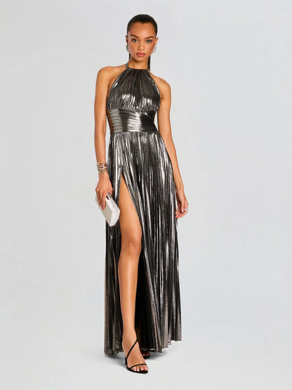Amara Pleated Halter Maxi Dress with High Slit