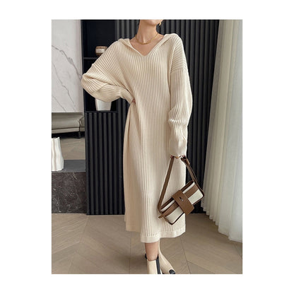Stylish Long Sleeves Loose Solid Color Hooded Sweater Dresses