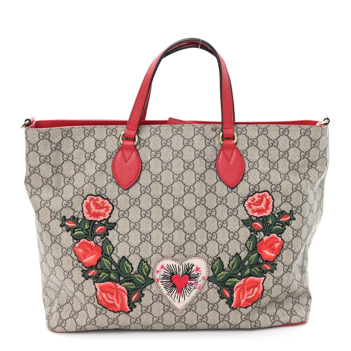 Soft GG Supreme Monogram Flowers Embroidered Crossbody Tote Beige Hibiscus Red