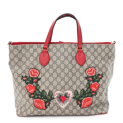 Soft GG Supreme Monogram Flowers Embroidered Crossbody Tote Beige Hibiscus Red