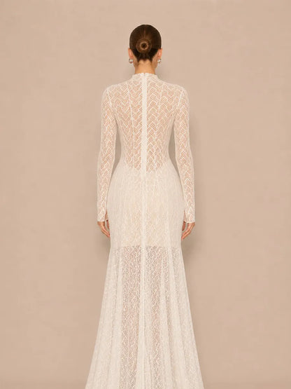 Helena Fitted Long-Sleeve Lace Maxi Dress