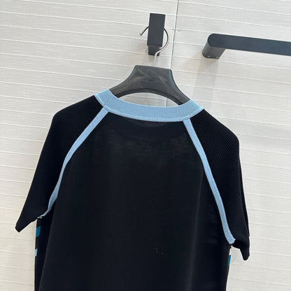 Hm 25 Print Patchwork Knit Top Black Blue Tencel Wool