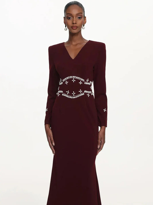 Aspen Elegant Tailored V Neck Long Sleeve Pearl Maxi Dress