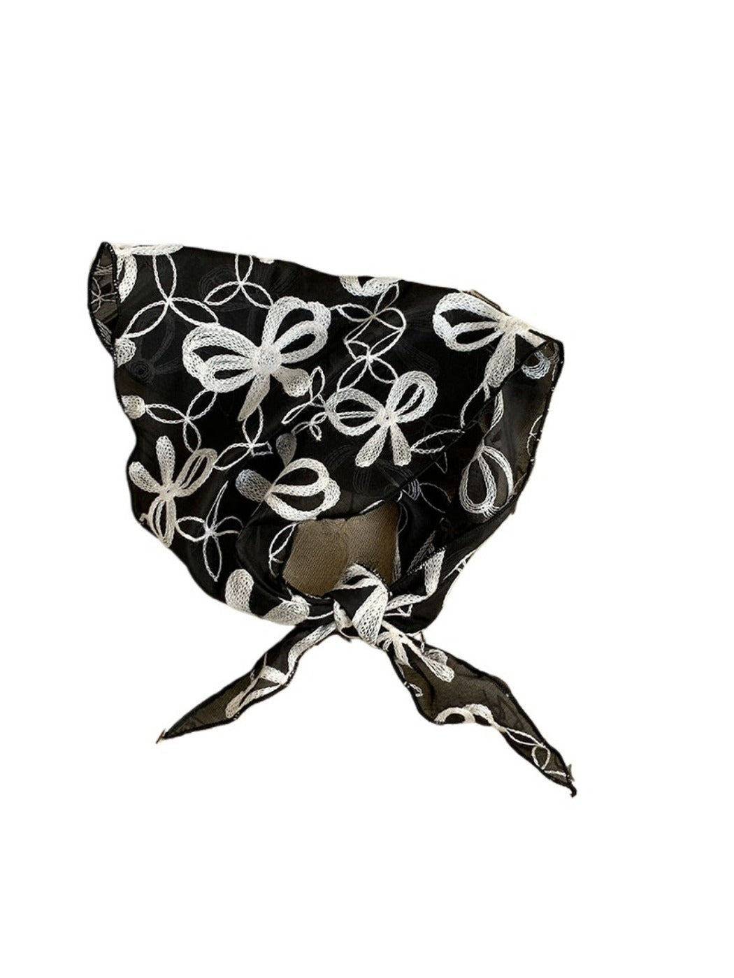 Scarvii - Bow Embroidered Sheer Triangle Scarf - Sweet &amp; Airy