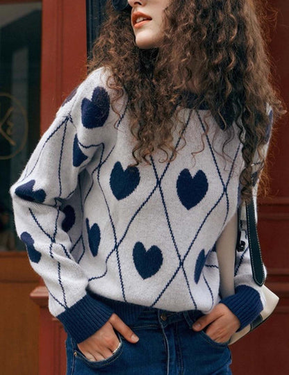 Sweet Heart Jacquard Crew Neck Knit Sweater