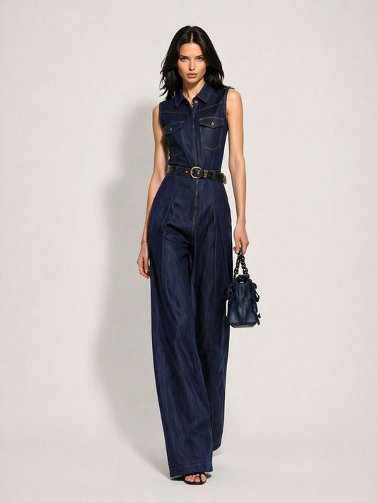 Juliette Sleeveless Collared Straight-Leg Denim Jumpsuit