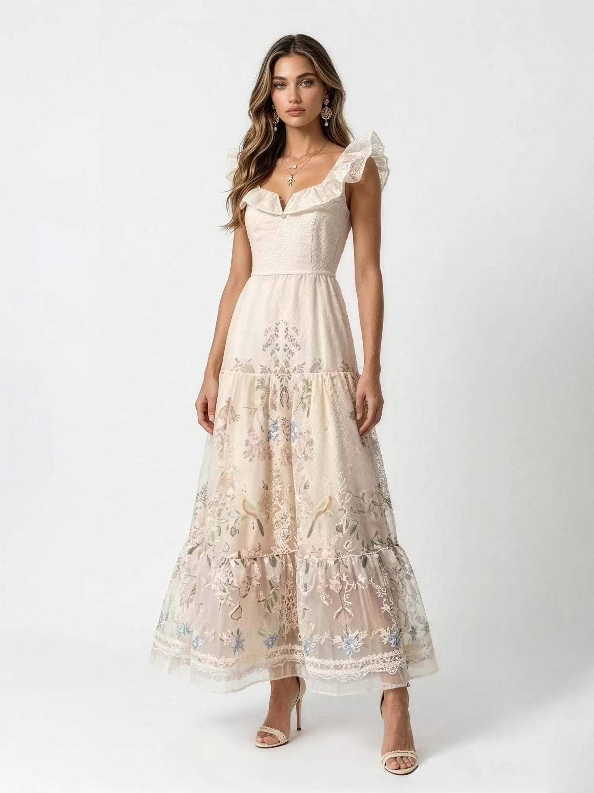 Aurora Vintage Floral Lace Ruffle Maxi Dress