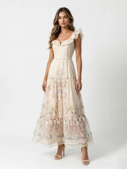 Aurora Vintage Floral Lace Ruffle Maxi Dress