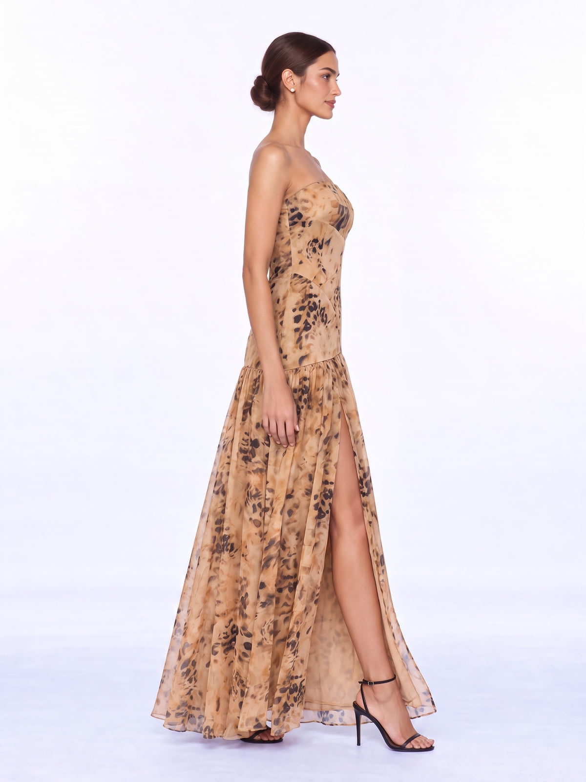 Yasmin Leopard Print Strapless Slit Maxi Dress