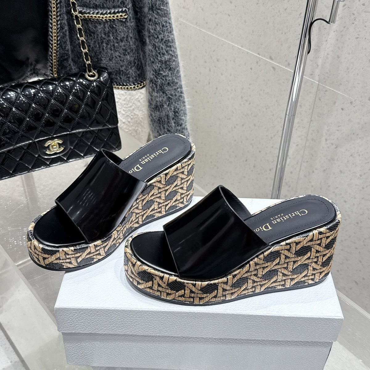 CD Attitude Wedge Sandals Black in Calfskin 598185
