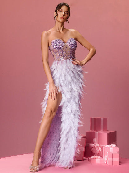 Ariana Strapless Crystal Feather Split Maxi Dress