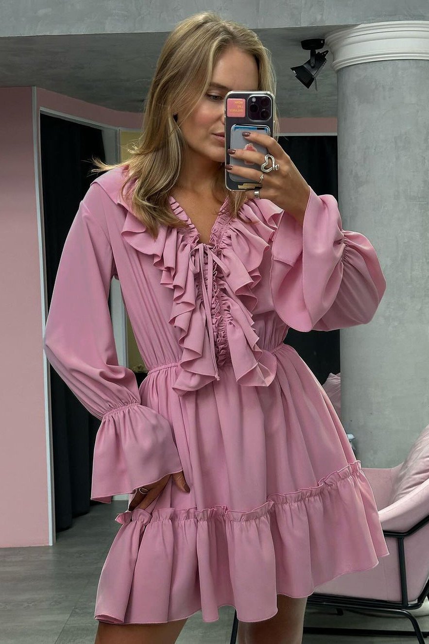 Ruffle Long Sleeve Mini Dress Lightweight Fabric