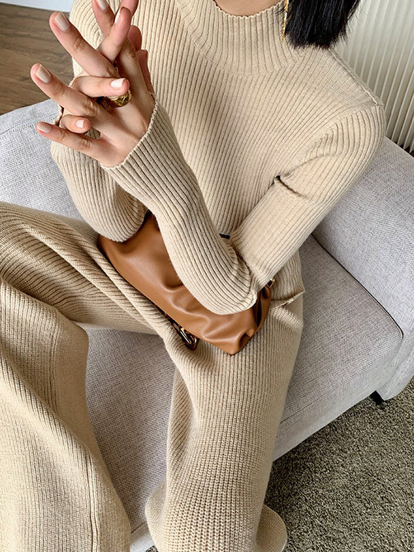 Wide Leg Belted Pockets Solid Color High-Neck Cardigan&Sweater Tops&Pants Suits