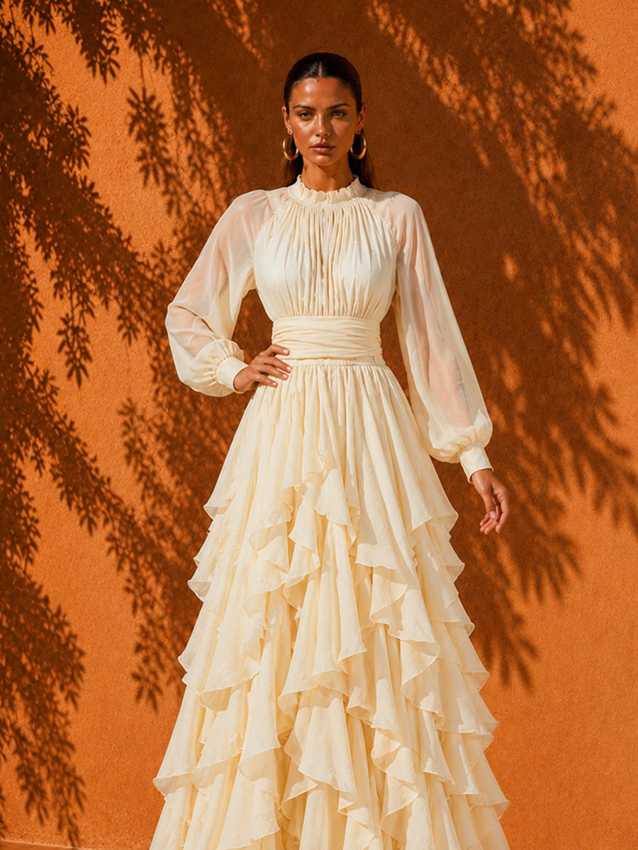Isla Romantic Ruffled Tiered Maxi Dress In Yellow