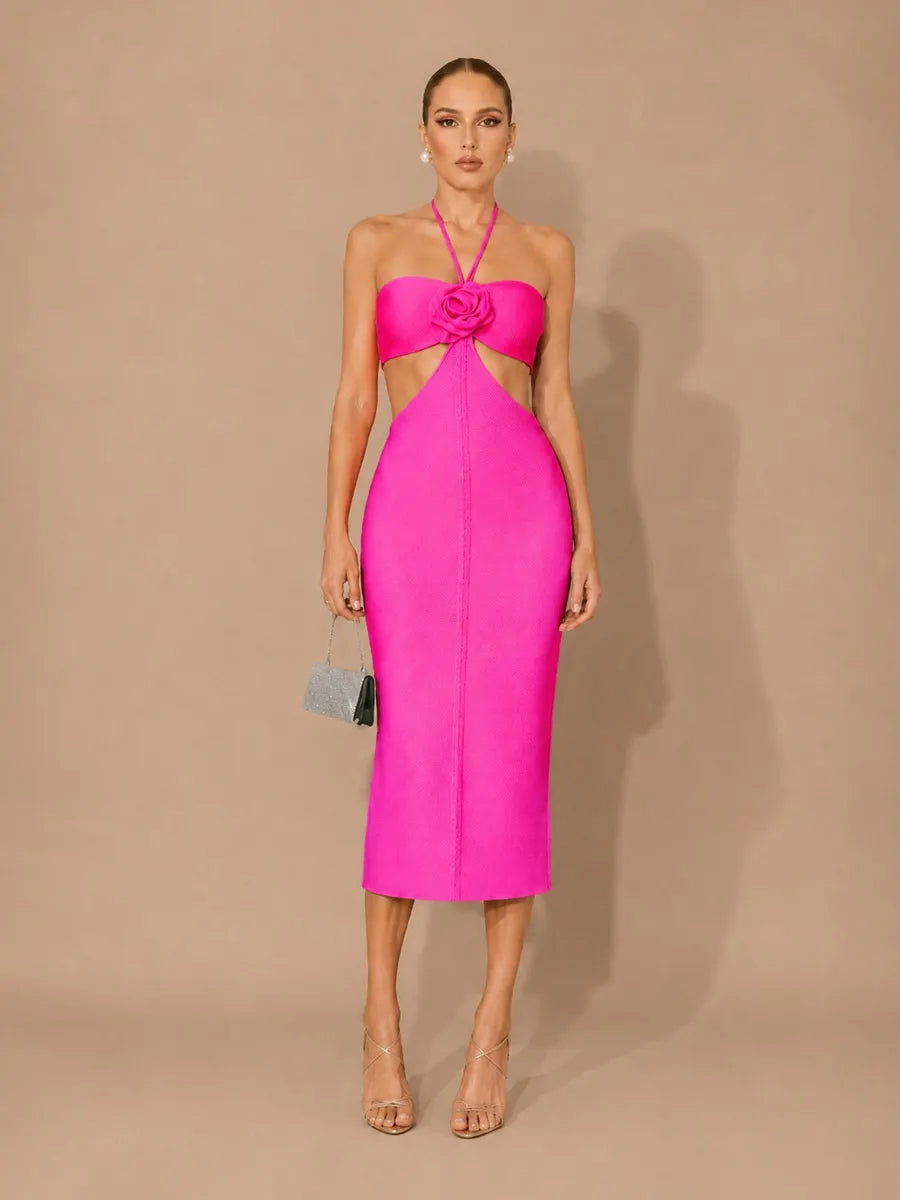 Melina 3D Floral Cut-Out Halter Midi Dress
