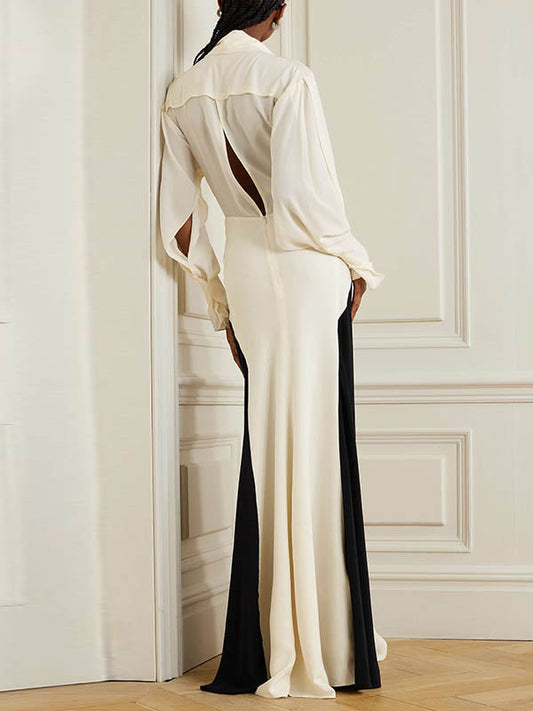 Long Sleeves Loose Contrast Color V-neck Evening Dresses Maxi Dresses