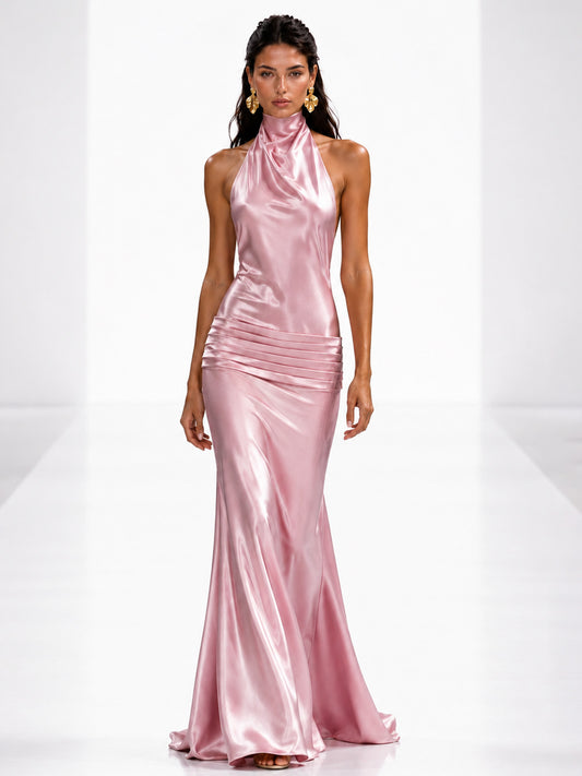 Savannah Ruched Halter-Neck Backless Maxi Dress In Pink