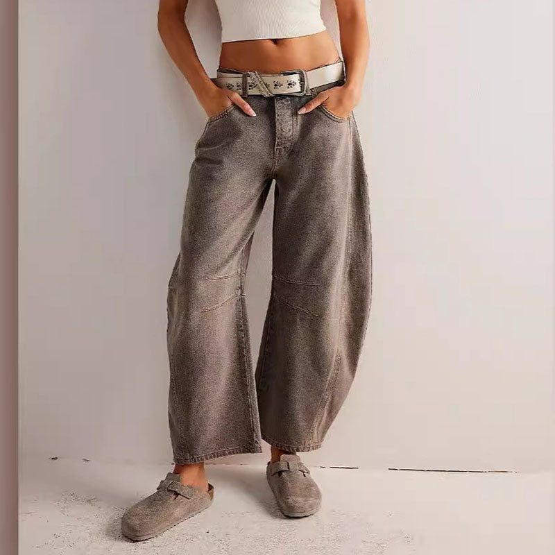 Washed Mid Rise Loose Barrel Jeans