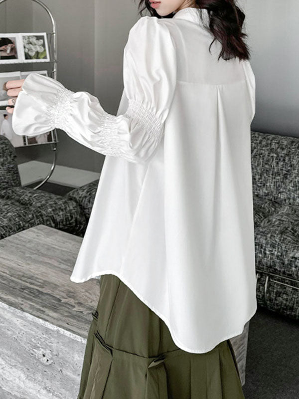 Puff Sleeves Pleated Solid Color Split-Joint Lapel Blouses
