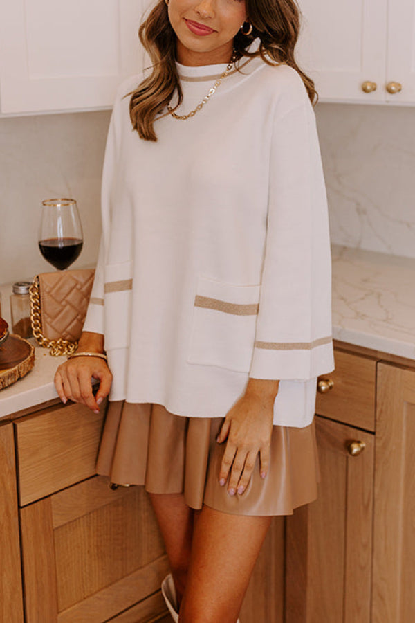 Class Act Knit Contrast Color Trim Mock Neck Pockets Sweater