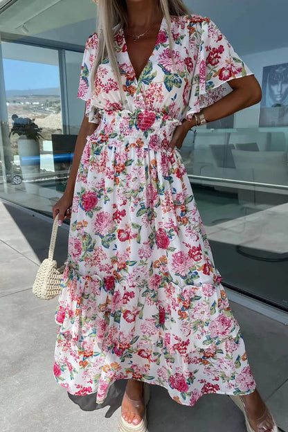 Sweet Vacation Floral V Neck Waist Skirt Dresses