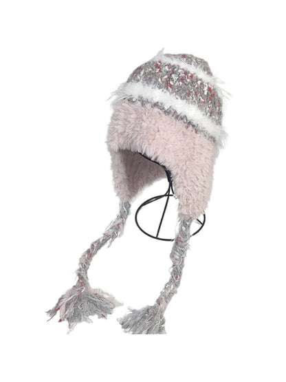 Haila - Striped Plush Knitted Beanie with Ear Flaps