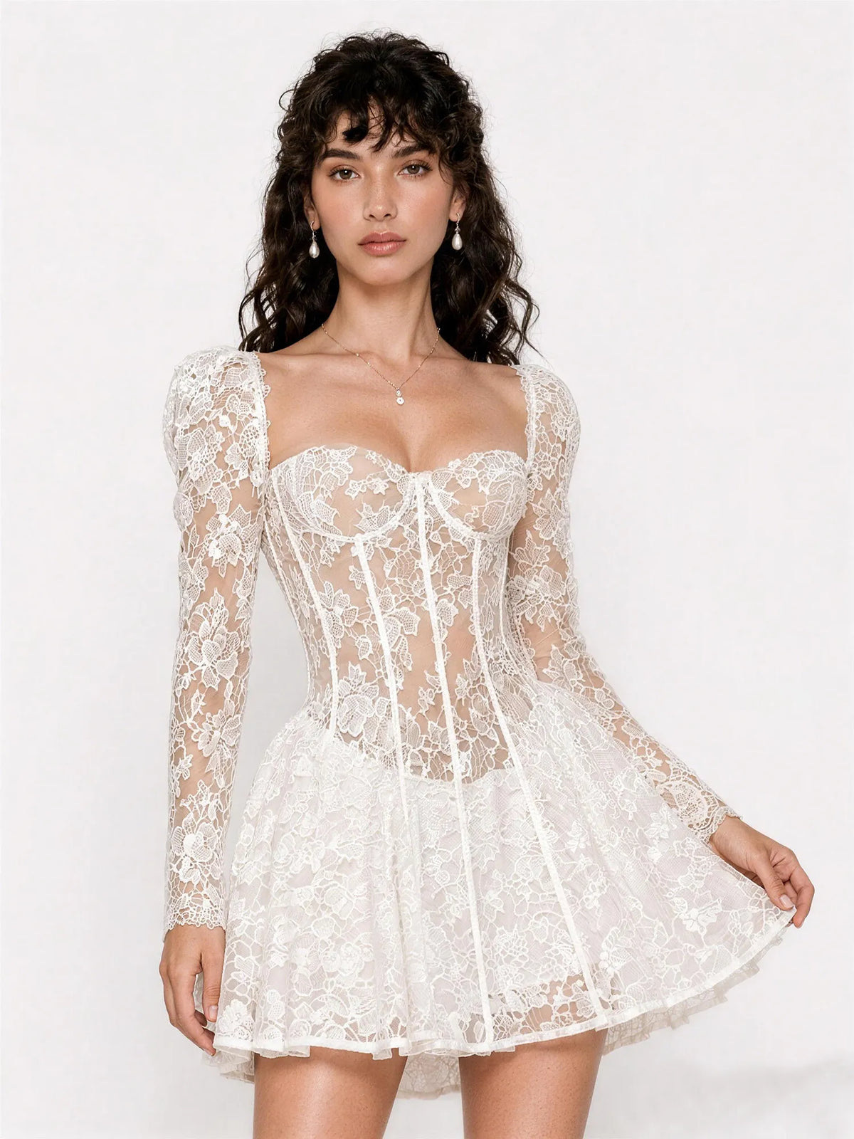 Ava Heavy Lace Waist-Cinching Mini Dress