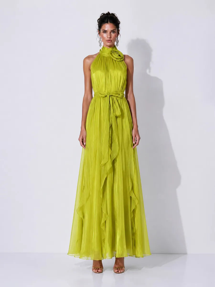 Elena 3D Floral Halter-Neck Pleated Maxi Dress